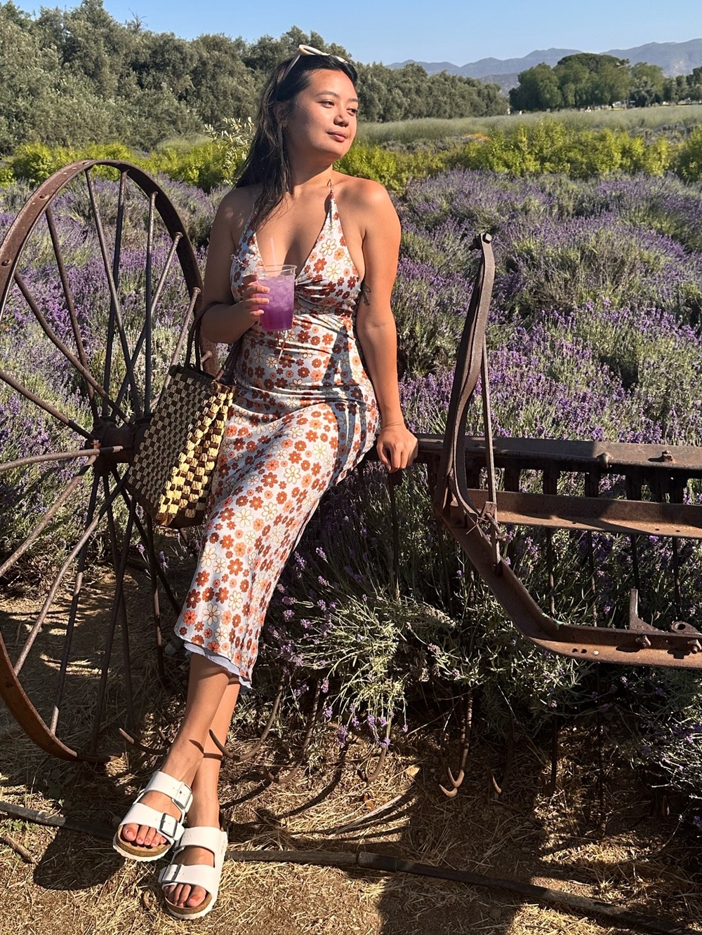 Floral Halter-Tie Maxi Dress in Sky Blue, Rust and Cream